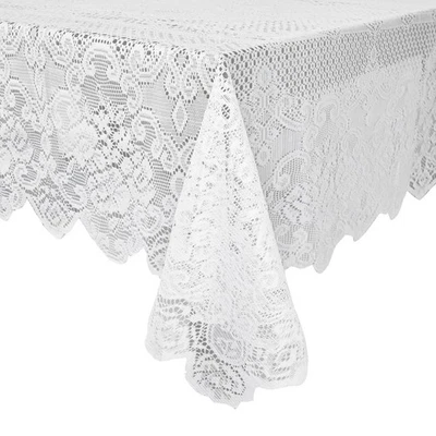 Lace Tablecloth for Rectangular Tables - Vintage Floral Scalloped Edge - White - Image 1 of 4
