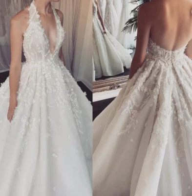 Sexy Wedding Dresses 3D Lace Halter Neck Deep V Neck Backless Bridal Gowns Train - Image 1 of 4