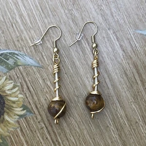 Tigers eye earrings dangle wire wrapped two toned Handmade bead Earrings - Picture 1 of 3