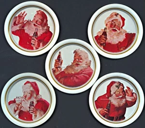  5 Ohio Art Haddon Sundblum Santa Claus Coca Cola 1983 All Metal Coasters  - Picture 1 of 2