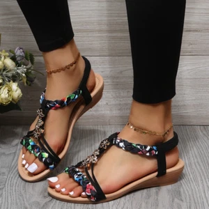 Womens Comfy Strappy Sandals Elastic Ladies Summer Open Toes Bling Shoes Size UK - Picture 1 of 17