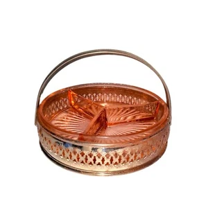 Vintage Depression Glass Divided Serving Glass Dish With Stand Metal Holder - Bild 1 von 4