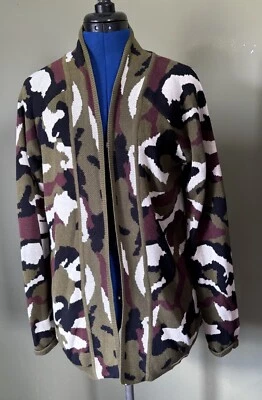 Army Green Camo Print Sweater Open Front Long  Cardigan Size L Y2K Outdoor Woods - Image 1 of 4