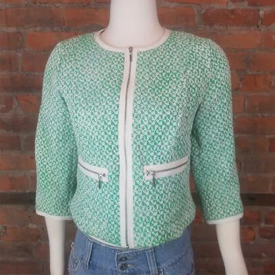 Cabi 女式西装外套绿色和象牙色拉链前口袋丝带装饰 6 码 — 第 1/4 张图片