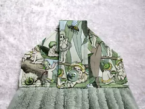 Jazberryz Gumnut Babies on Frost Green Kitchen Hanging Hand Towel Button Close - Picture 1 of 2