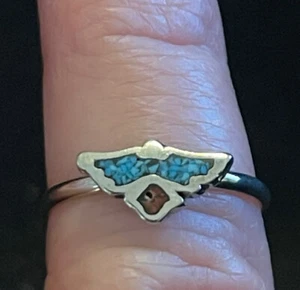 Indianer Türkis Koralle Intarsien Stein Ring Adler 4,75 kleiner zarter Fehler - Bild 1 von 8