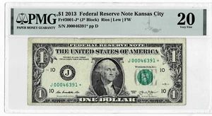 2013 $1 FRN *STAR* NOTE--only 250k printed--Kansas City "J Star"--PMG VF20 - Picture 1 of 6