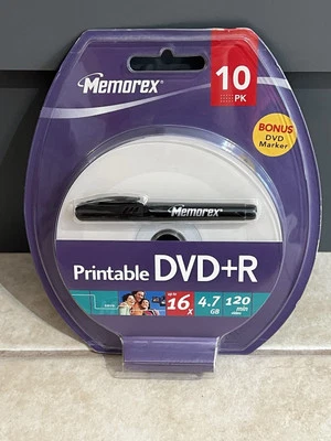 Memorex Printable DVD+R 10 Pack (4.7GB) BRAND NEW AND SEALED + Bonus DVD Marker - Image 1 of 3