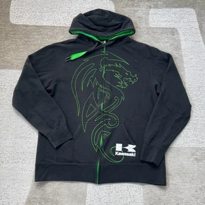 Kawasaki Hoodie Mens L Black Full Zip Vintage Sweatshirt Motorcycle Y2K Dragon - Picture 1 of 12