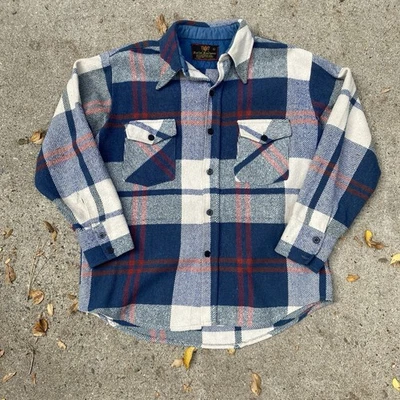 Vintage 70s CPO Plaid Flannel Wool Linen Blend BLue Red Cream Large Faded Soft - Image 1 of 4