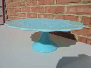 Vintage Fenton Glass Turquoise Spanish Lace Cake Stand 1950s