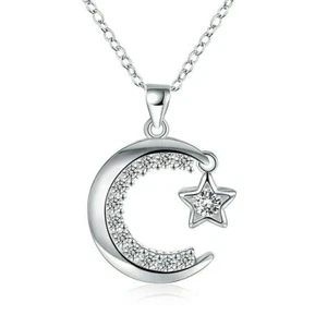 Moon and Star with CZ Stones Pendant Necklace Sterling Silver - Picture 1 of 7