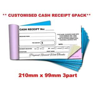 **PERSONALISED** NCR Cash Receipt Triplicate Book 99mm x 210mm 6 PACK - Picture 1 of 4
