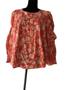 Univesal Thread Top Blouse Bohemiam Baloom Sleeve Elastic Cuff Floral Red Size L - Picture 1 of 14
