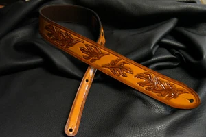 Guitar strap leather tooled all hand made in USA 3" oak leaf saddletan - Picture 1 of 7