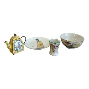 VINTAGE FLORAL LOT BOWL, GEISHA JAPANESE PLATE, TOOTHPICK HOLDER, ENAMEL TEAPOT - Picture 1 of 22