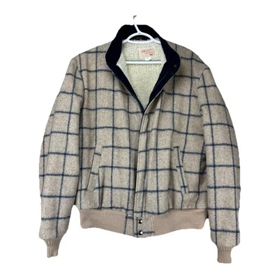 Jaqueta Bombardeiro Forrada Sherpa Lã Antiga XL Alta Bege Azul Marinho Janela Xadrez Preppy - Imagem 1 de 4