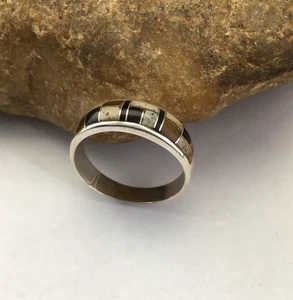 Navajo Sterling Silver Onyx & Coffee Tiger's Eye & Jasper Inlay Ring Sz 14 01709 - Picture 1 of 12