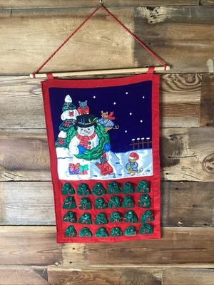 Vtg Snowman W/ Mice Velvet Christmas Advent Calendar Wall Hanging W/Pockets - Image 1 of 4