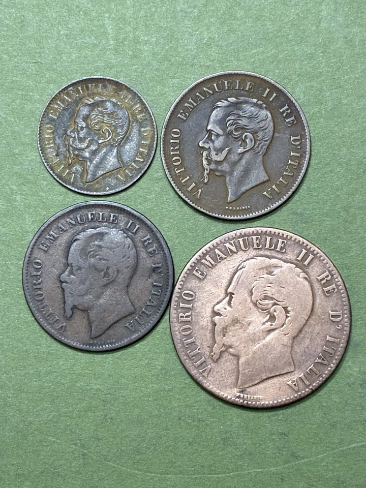 Lot of 4 Old Italy Centesimi coins, 1867T 2c, 1861N 5c, 1861M 5c, 1867OM 10c - Image 1 of 2
