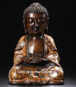 8.6"Old China Dynasty Cloisonne Enamel Bronze Shakyamuni Amitabha Buddha Statue - Picture 1 of 8