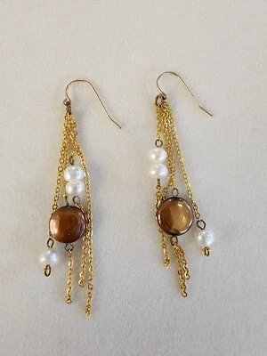 Vtg Signed Toffee Button & White Pearl & 14k Yellow Gold Filled Dangle Earrings - Image 1 of 4