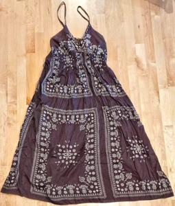 SR Fashions Brown Long Peasant Dress Boho Hippy Mandala Print Cotton TieBack SzM - Picture 1 of 5