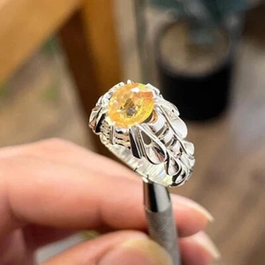Big Yellow Sapphire Ring For Men, Natural Sapphire Stone Ring 925 Silver Pukhraj - Picture 1 of 5