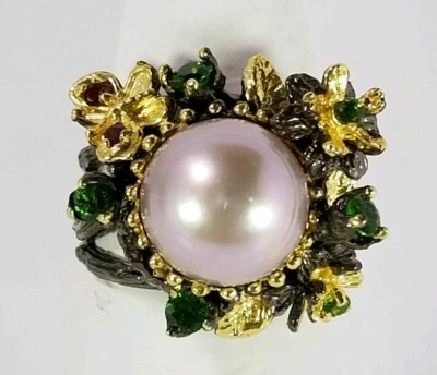 Ladies Natural Pearl Chrome diopside Garnet Sterling Silver Ring Size 7.75 - Image 1 of 4