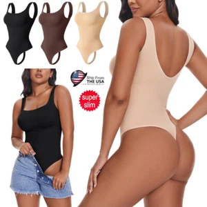 Womens Tummy Control Shapewear Bodysuits Square Neck Thong Tank Tops Body Shaper - Picture 1 of 28