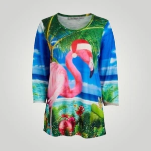 Jason Maxwell Blue Pink Flamingo Christmas Three-Quarter Sleeve Tunic NWT Large - Picture 1 of 8