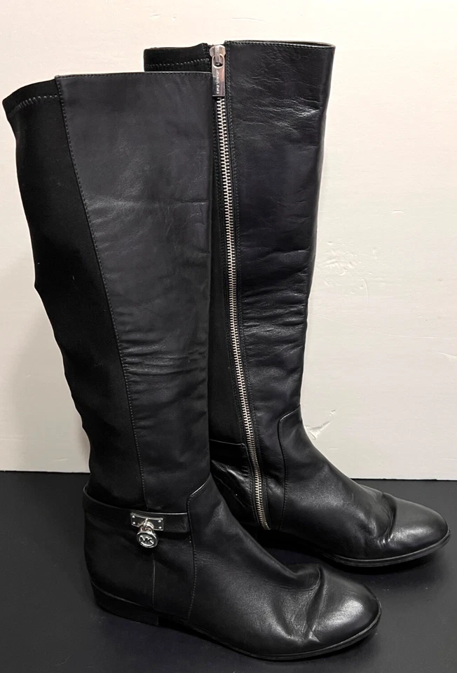 Michael Kors Womens KNEE HIGH BOOTS 8 M Black Leather Knit Back Calf Pre-Owned - Image 1 of 4