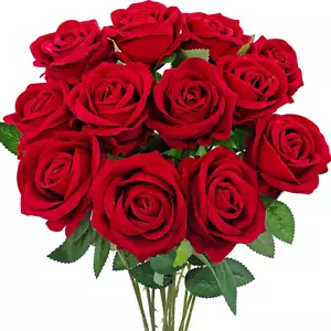 12 Pcs Velvet Rose Artificial Flowers with Long Stems, Real Touch Fake Roses Flo - Picture 1 of 6