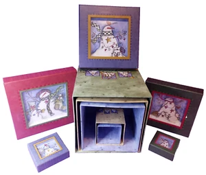 Christmas Nesting Stacking Boxes Set of 5 Winter Snowman Shadow Box Silver Swan - Picture 1 of 12
