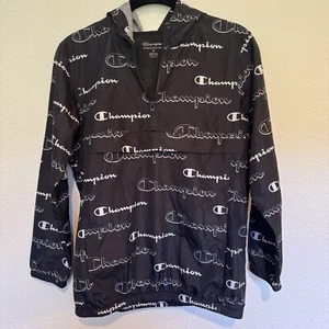 Sporty Big Kids Spring Track Champion Windbreaker W/ Hood Black Sports Logo SzM - Picture 1 of 7