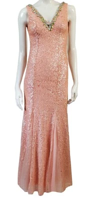 Vestido SEAN COUTURE Lentejuelas Adornado con Cuentas Melocotón Cóctel Noche Sin Mangas 2 Foto 1 de 4