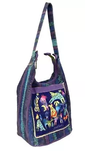 Laurel Burch Dogs Themed Large Cotton Canvas Shoulder Tote Bag Sun N Sand Purple - Picture 1 of 8