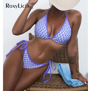 Sexy Wave Printed Halter Bikini Swimsuit Women Swimwear Two-pieces Bikini Set - Picture 1 of 11