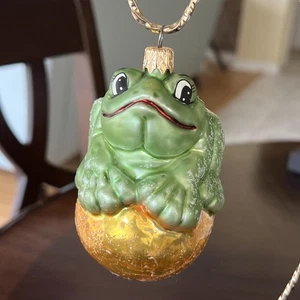 Frog Sitting On Yellow Ball Christmas Ornament Mouth Blown Hand Painted Glass - Picture 1 of 14