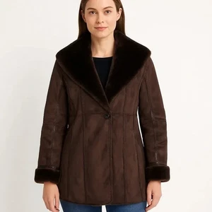 Talbots x Vintage Faux Suede Chocolate Brown Faux Fur Lined Penny Lane Coat Smal - Picture 1 of 11