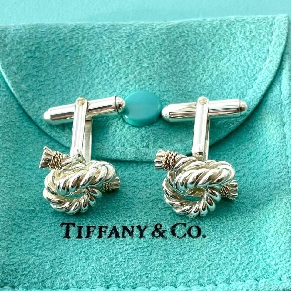 Gemelli vintage Tiffany & Co gemelli oro 14 carati argento sterling 925 corda - Immagine 1 di 4