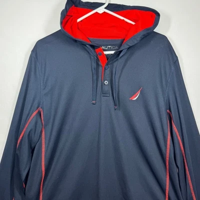 Pulôver Nautica masculino com capuz azul marinho vermelho manga longa 1/4 botão tamanho médio - Imagem 1 de 4