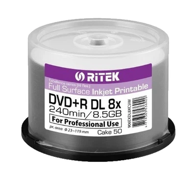 50 RITEK Pro Excellence Dual Double Layer 8.5GB Inkjet Full Printable 240mins 8x - Image 1 of 2