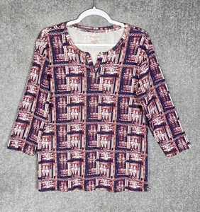 NorthCrest Classic 3/4 Sleeve Geometric Atzec Top Womens Size Large Cotton - Picture 1 of 9