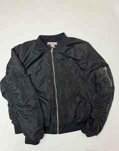 H&M Women's Black Jacket Zipper/Ruched Sleeves Size 16 FLAW - Picture 1 of 5