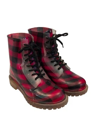 Botas de lluvia de combate a cuadros de búfalo rojo y negro de Dirty Laundry para mujer talla 6 con cordones Grunge Foto 1 de 4