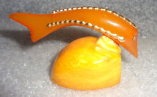 fine old Baltic butterscotch amber fish on nugget inlaid with 6K gold