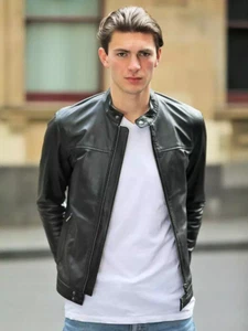 Black Leather Jacket Men's Real Cafe Racer Lambskin Genuine Leather Biker Jacket - Picture 1 of 6