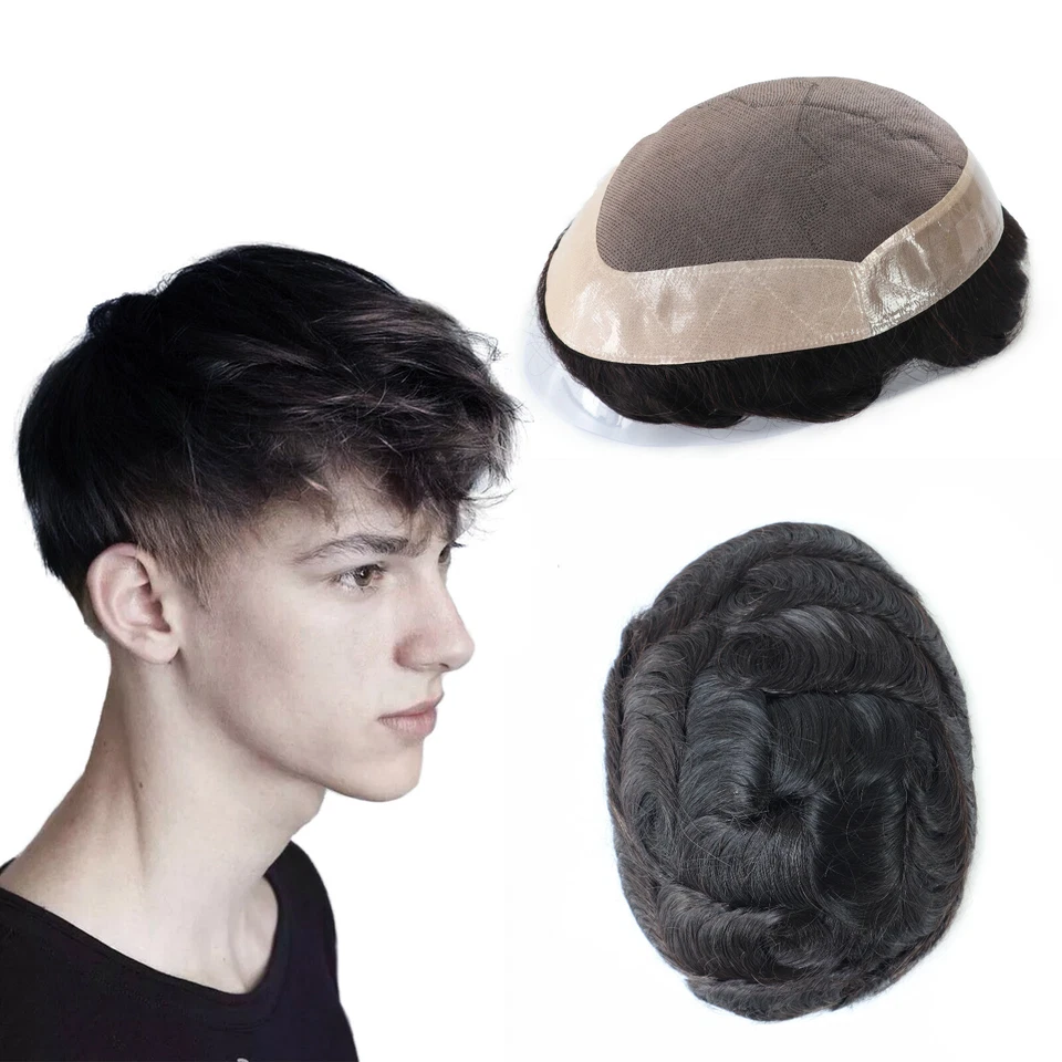 Sistema de substituição de cabelo humano masculino peça de cabelo fina mono pele poli toupee  - Imagem 1 de 4