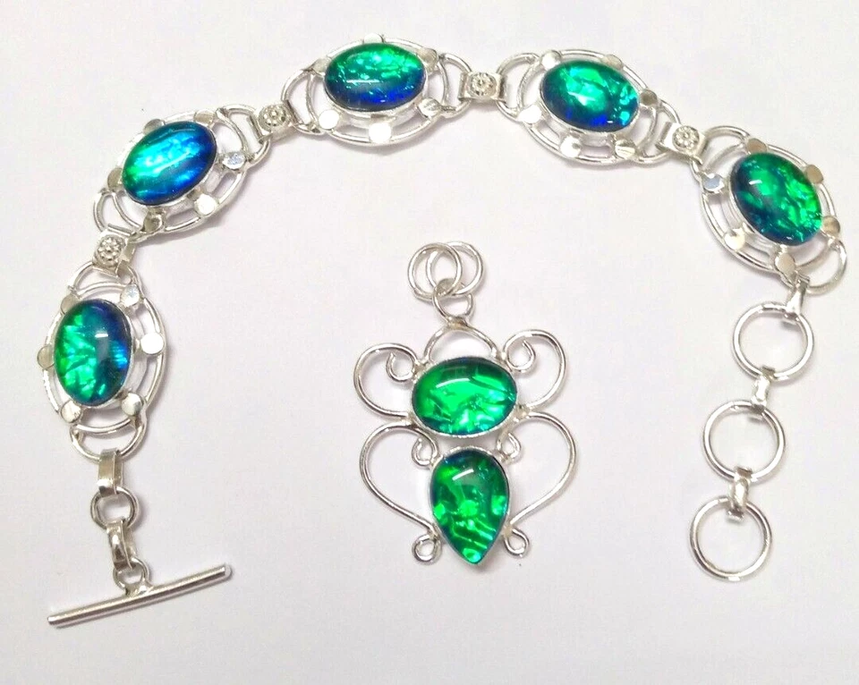 Triplet Opal Gemstone 925 Sterling Silver Bracelet Size 7-8" & Pendant Size 1.4" - Image 1 of 1